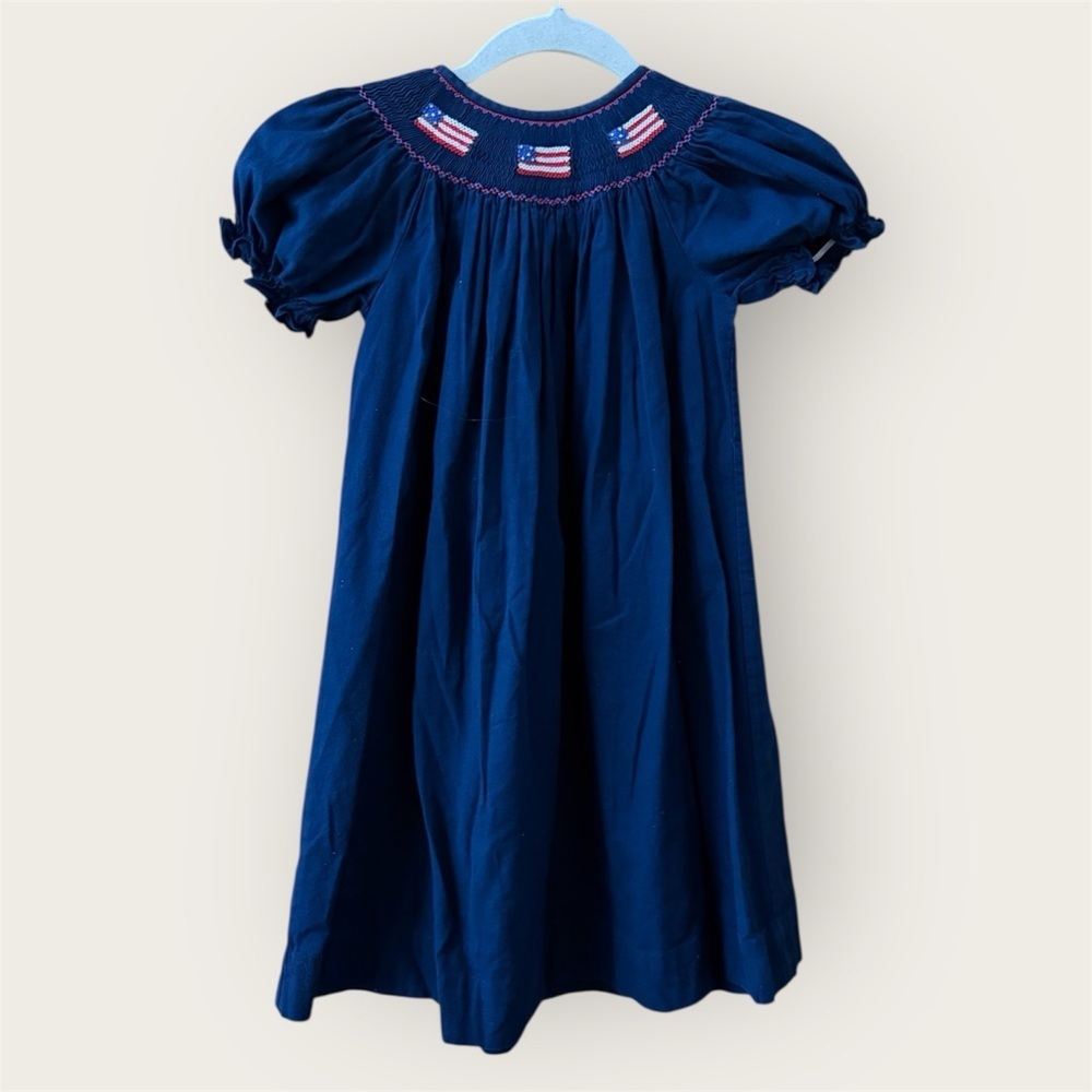 Hand Smocked Silly Goose Patriotic Girls Bishop Dress Blue USA Flag 100% cotton